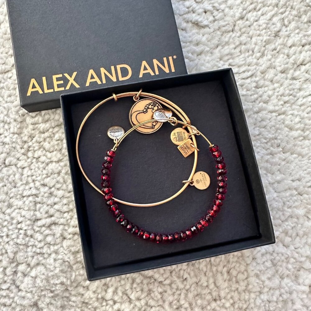 Alex + Ani Gold-Tone Heart & Red Crystal Bangles Pair In Box for Gifting